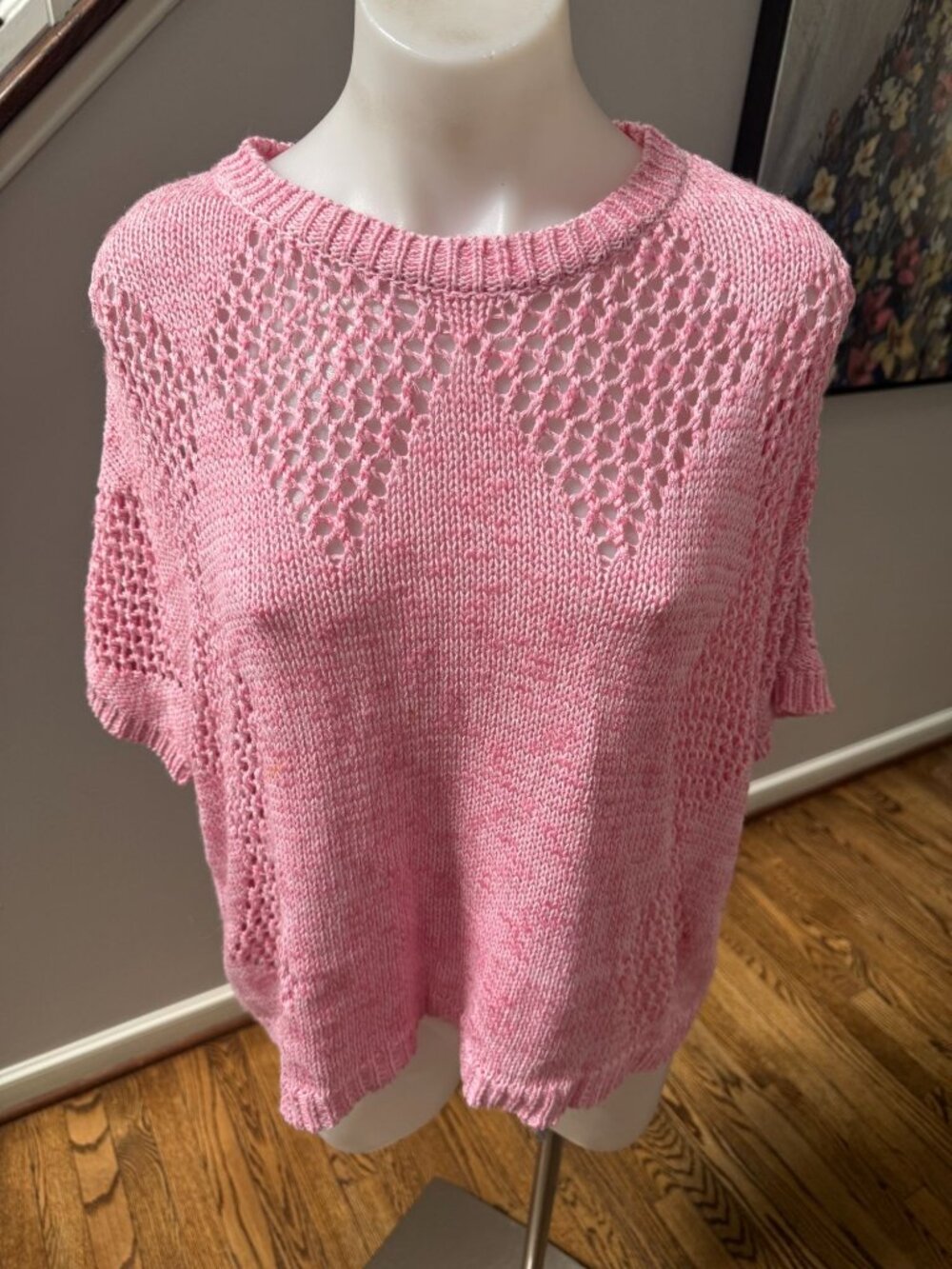 FATE Open Knit Short Sleeve Oversized Sweater Cotton Pink Size Small